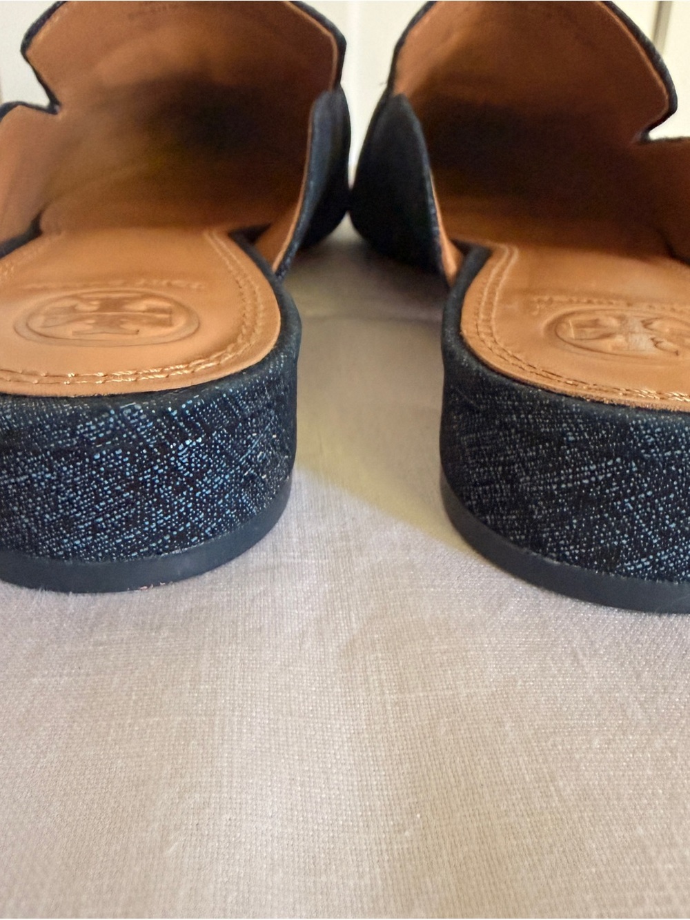 Tory Burch Pointed Denim-Textured Slip-On Mules in Dark Blue - Picture 8 of 9